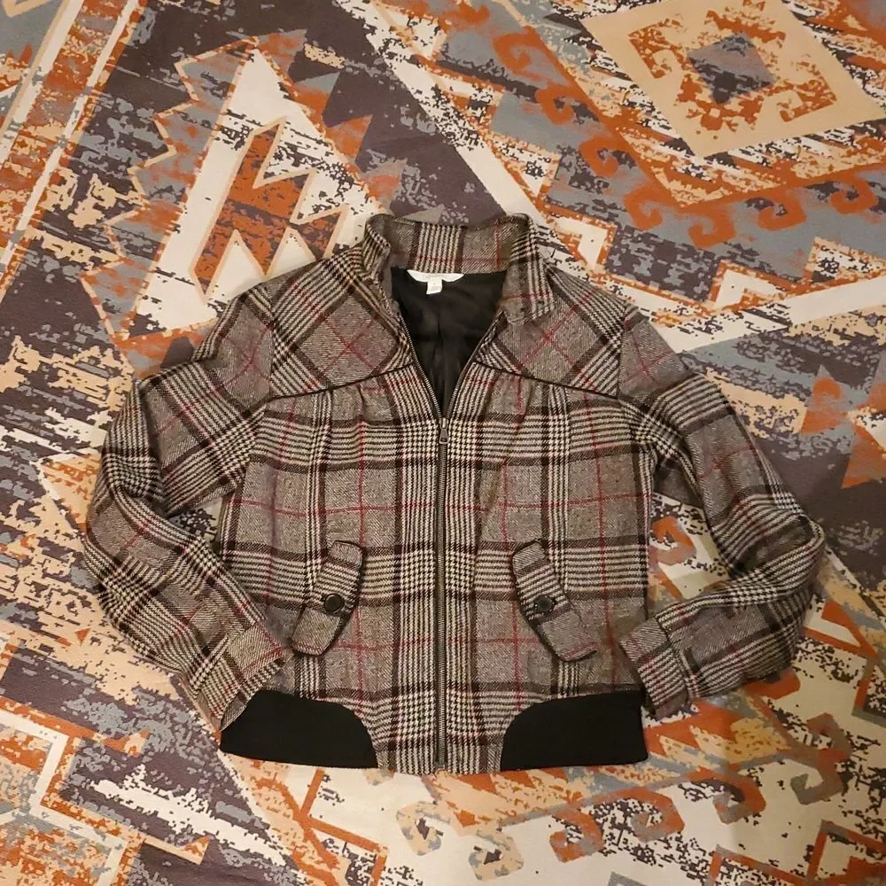 RELATIVITY WOMEN'S grey PLAID ZIPPER JACKET W/ ZIPPER POCKETS wool‎